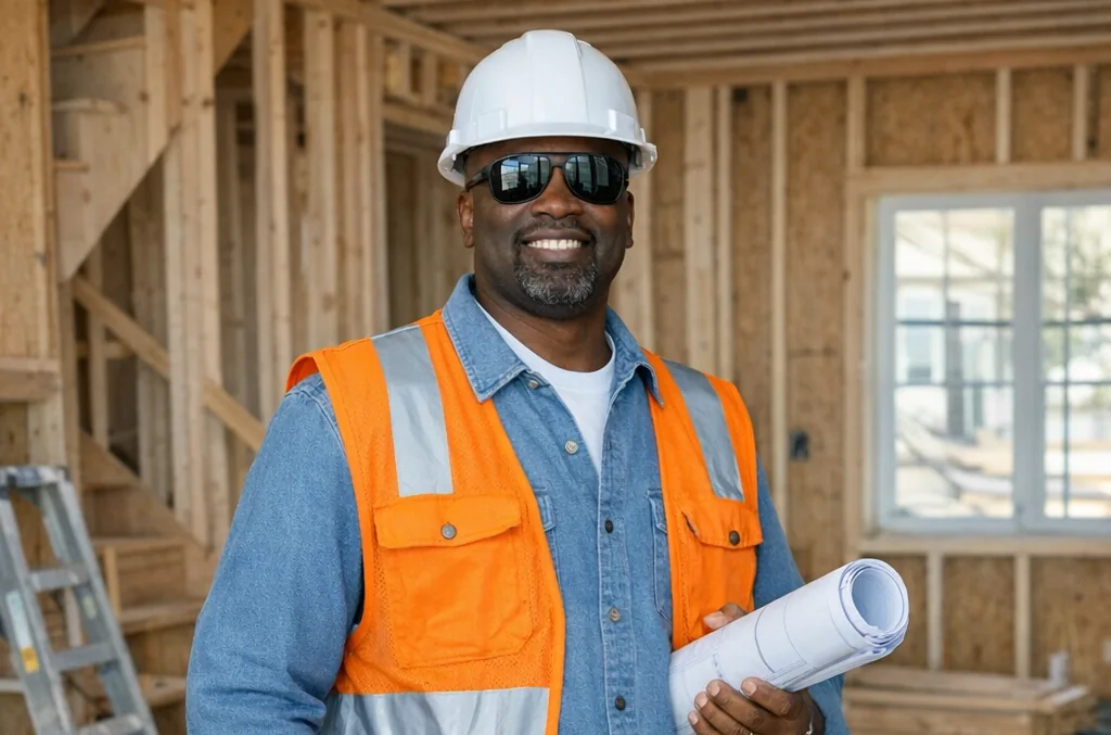 Curtis Austin on site with a set of plans
